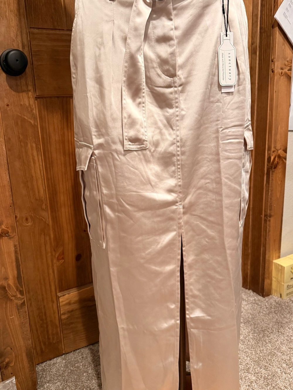 Sanctuary Cream Silky Maxi Skirt with Front Slit and Utility Pockets
